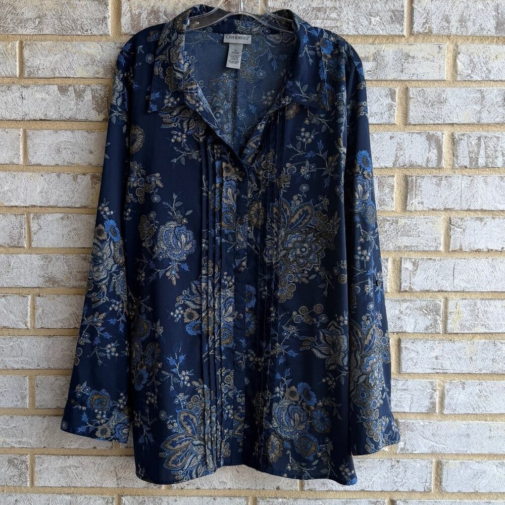 Catherine's Long Sleeve Button Collared Floral Pintuck Blouse Women's Size 3X